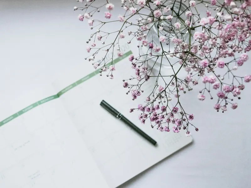 Agenda mensuel ouvert et stylo, à côté d’un bouquet de gypsophile rose